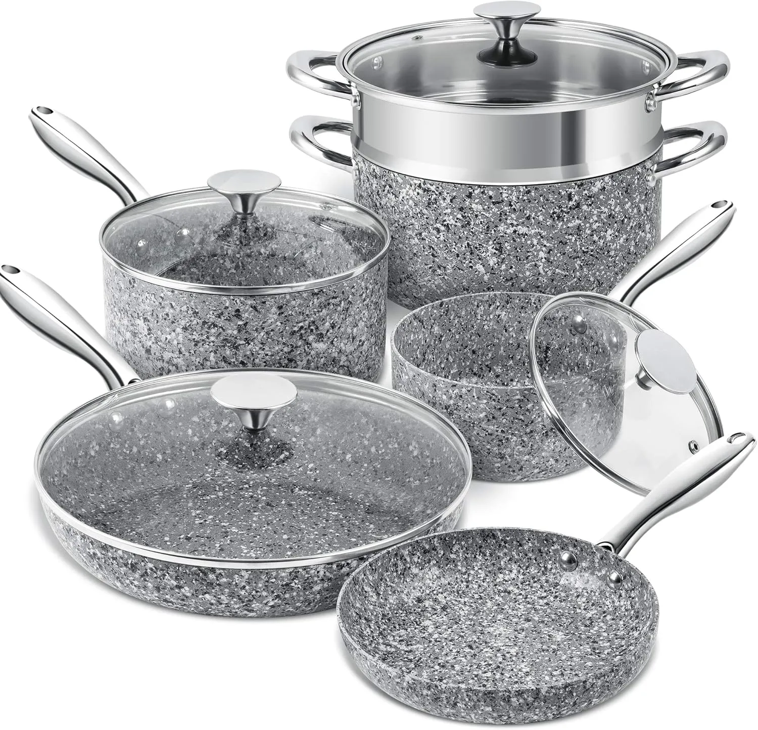 MICHELANGELO Stone Cookware Set 10 Piece, Ultra Nonstick Pots and Pans Set with Stone-Derived Coating for Kitchen, Granite - 10 Piece