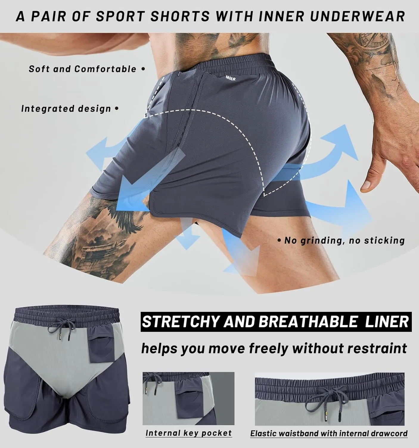 MIER Men's 3 Inches Quick Dry Running Shorts Liner Lightweight Water Resistant Athletic Workout Lined Shorts