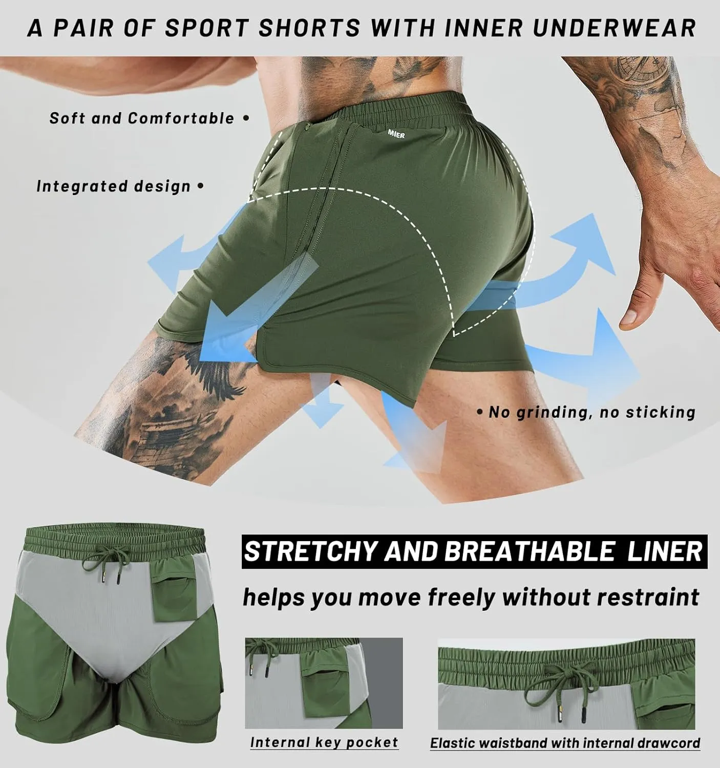 MIER Men's 3 Inches Quick Dry Running Shorts Liner Lightweight Water Resistant Athletic Workout Lined Shorts