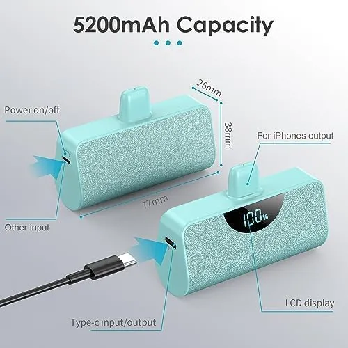 Mini Portable Charger Power Bank for iPhone, 5200mAh External Battery Charging Bank, 20W PD Fast Charging Battery Pack Portable Phone Charger for iPhone 14 Pro Max/14/13/12/11/XR/X/8/7/6,Green
