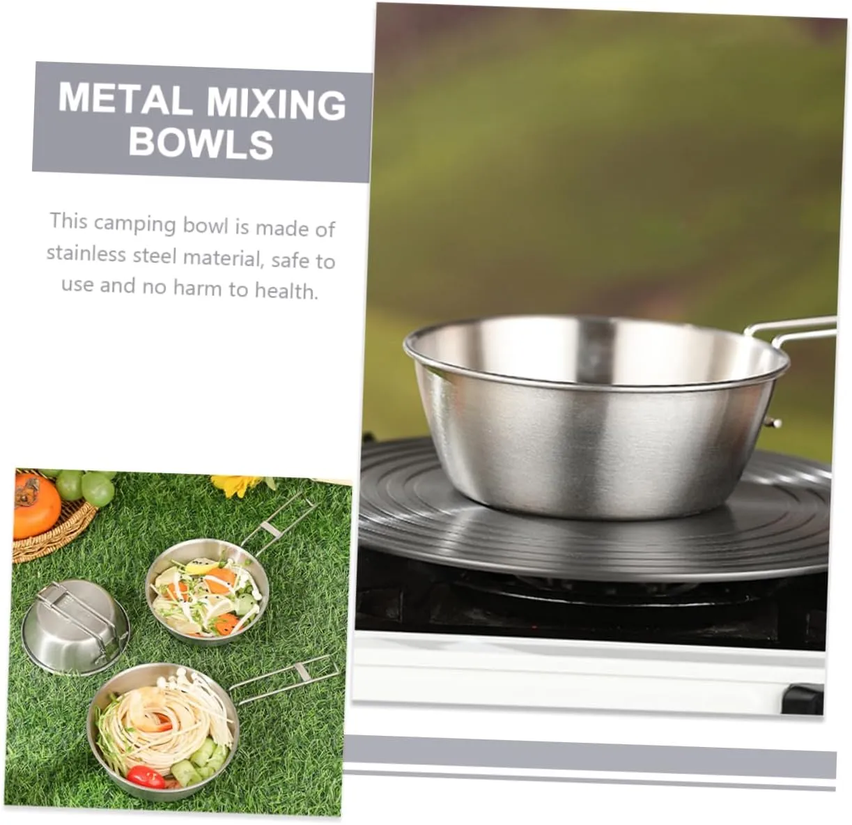 Mipcase 3sets Camping Bowl Set Stainless Steel Mixing Bowl with Folding Handle for Camping Hiking Outdoor Collapsible Mess Kit 3pcs*3