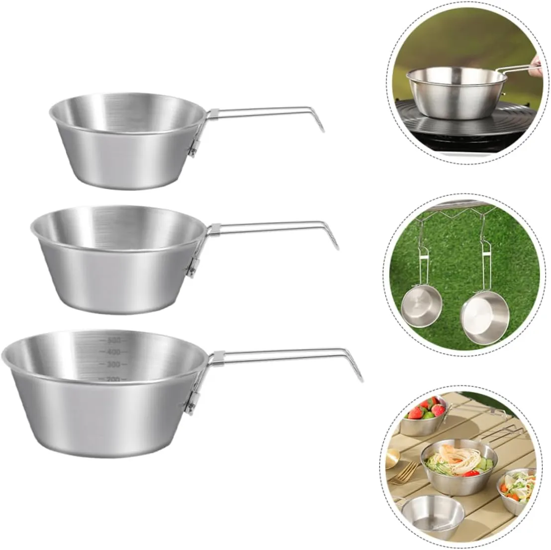 Mipcase 3sets Camping Bowl Set Stainless Steel Mixing Bowl with Folding Handle for Camping Hiking Outdoor Collapsible Mess Kit 3pcs*3