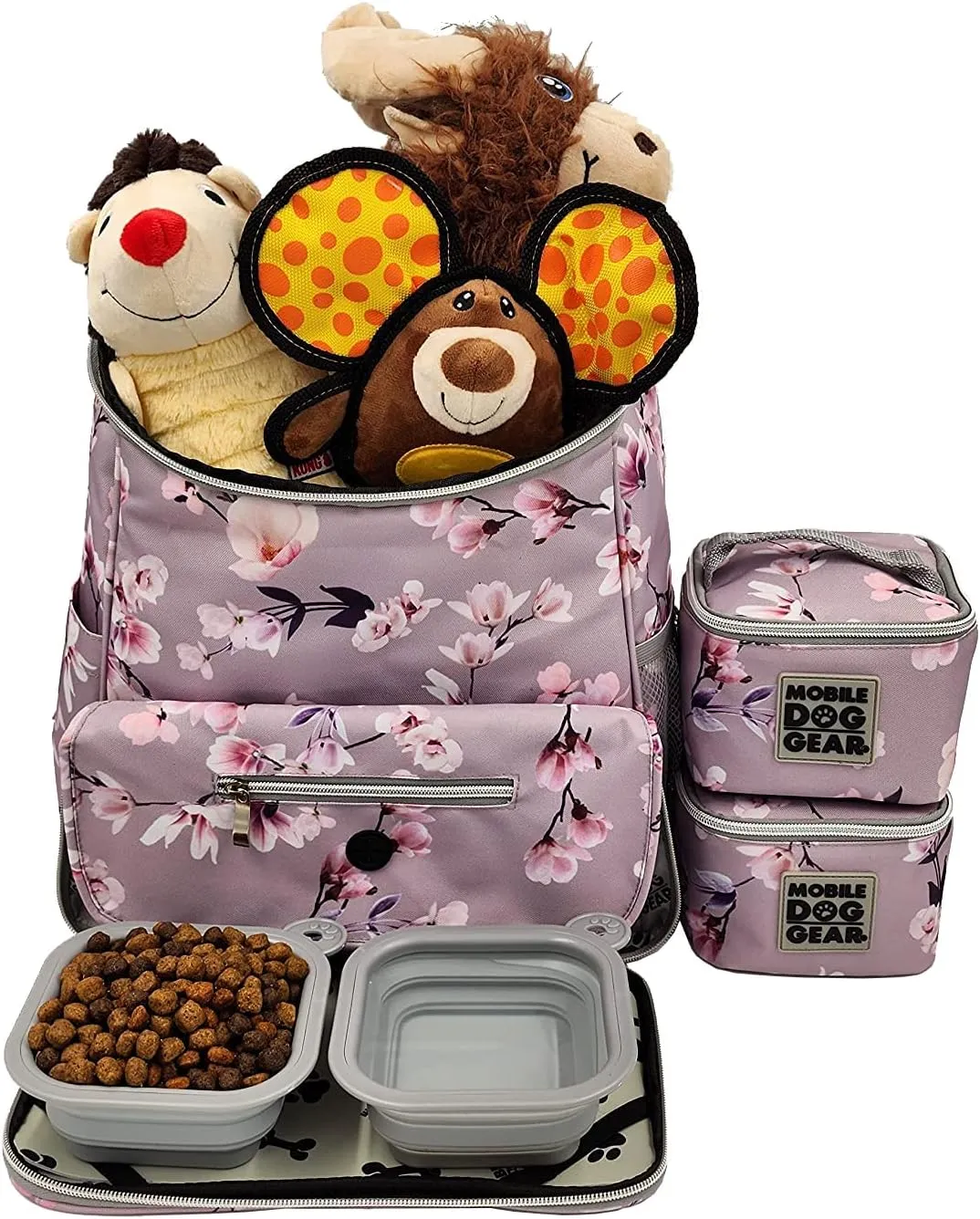 Mobile Dog Gear Week Away Dog Travel Bag Backpack (13"x7"x16", Floral) - Includes 2 Pet Food Storage Containers   2 Collapsible Dog Water Bowls - Airline Approved Travel Accessories, Great for Trips