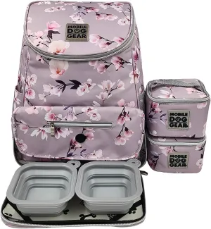 Mobile Dog Gear Week Away Dog Travel Bag Backpack (13"x7"x16", Floral) - Includes 2 Pet Food Storage Containers   2 Collapsible Dog Water Bowls - Airline Approved Travel Accessories, Great for Trips