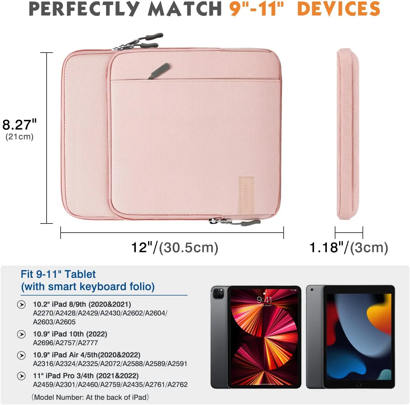 MoKo 9-11 Inch Tablet Sleeve Bag Carrying Case with Storage Pockets Fits New 11-inch iPad Pro M4/iPad Air M2 2024, iPad Air 5/4 10.9, iPad Pro 11, iPad 10/9/8th 10.9/10.2, Tab S8/S9 11, Pink