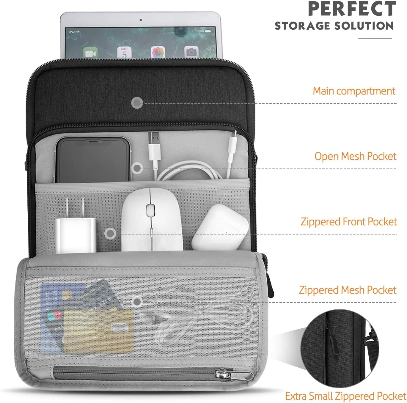 MoKo 9-11 Inch Tablet Sleeve Bag Carrying Case with Storage Pockets Fits New 11-inch iPad Pro M4/iPad Air M2 2024, iPad Air 5/4 10.9, iPad Pro 11, iPad 10/9/8th 10.9/10.2, Tab S8/S9 11,Black & Gray
