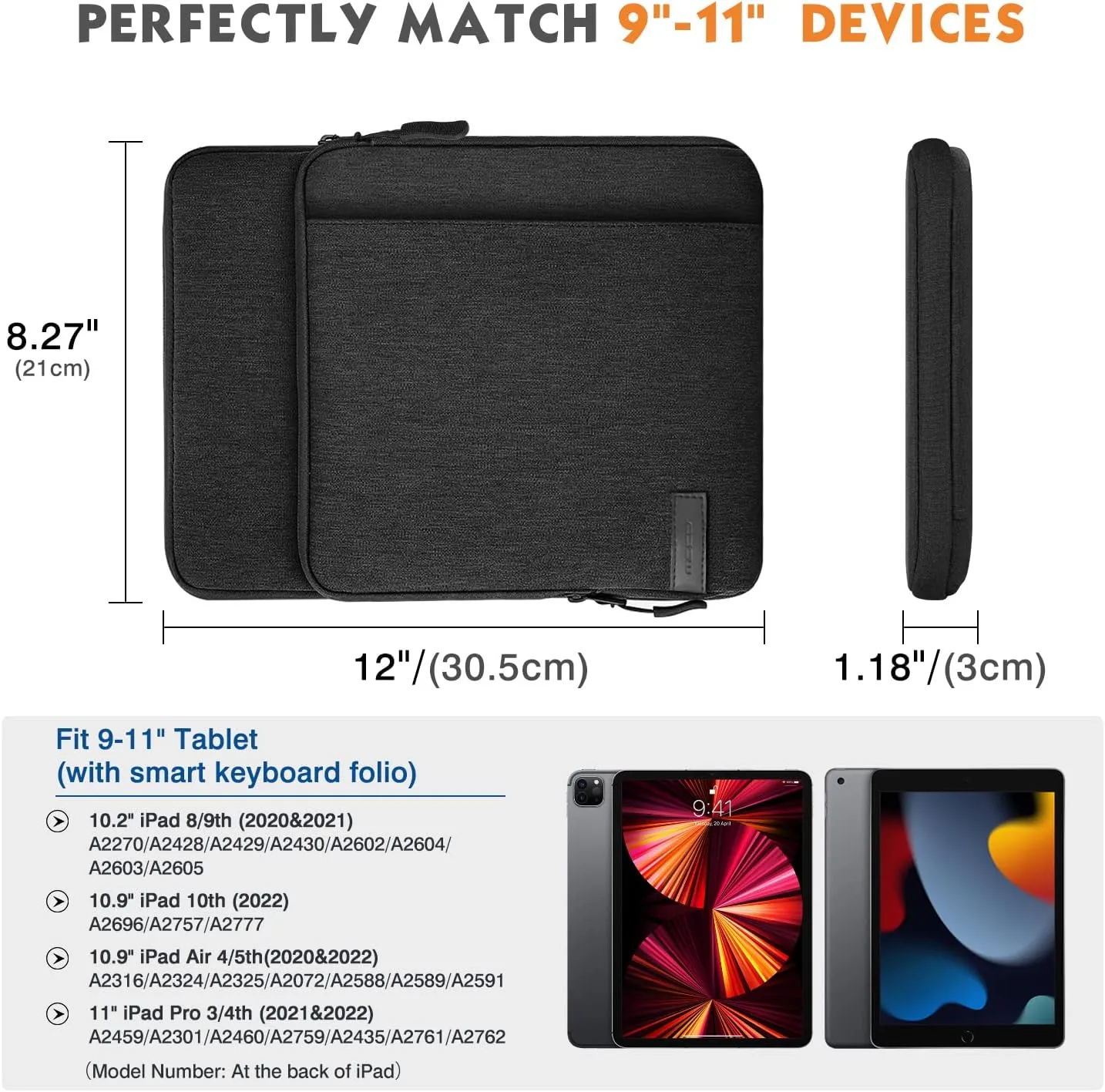 MoKo 9-11 Inch Tablet Sleeve Bag Carrying Case with Storage Pockets Fits New 11-inch iPad Pro M4/iPad Air M2 2024, iPad Air 5/4 10.9, iPad Pro 11, iPad 10/9/8th 10.9/10.2, Tab S8/S9 11,Black & Gray