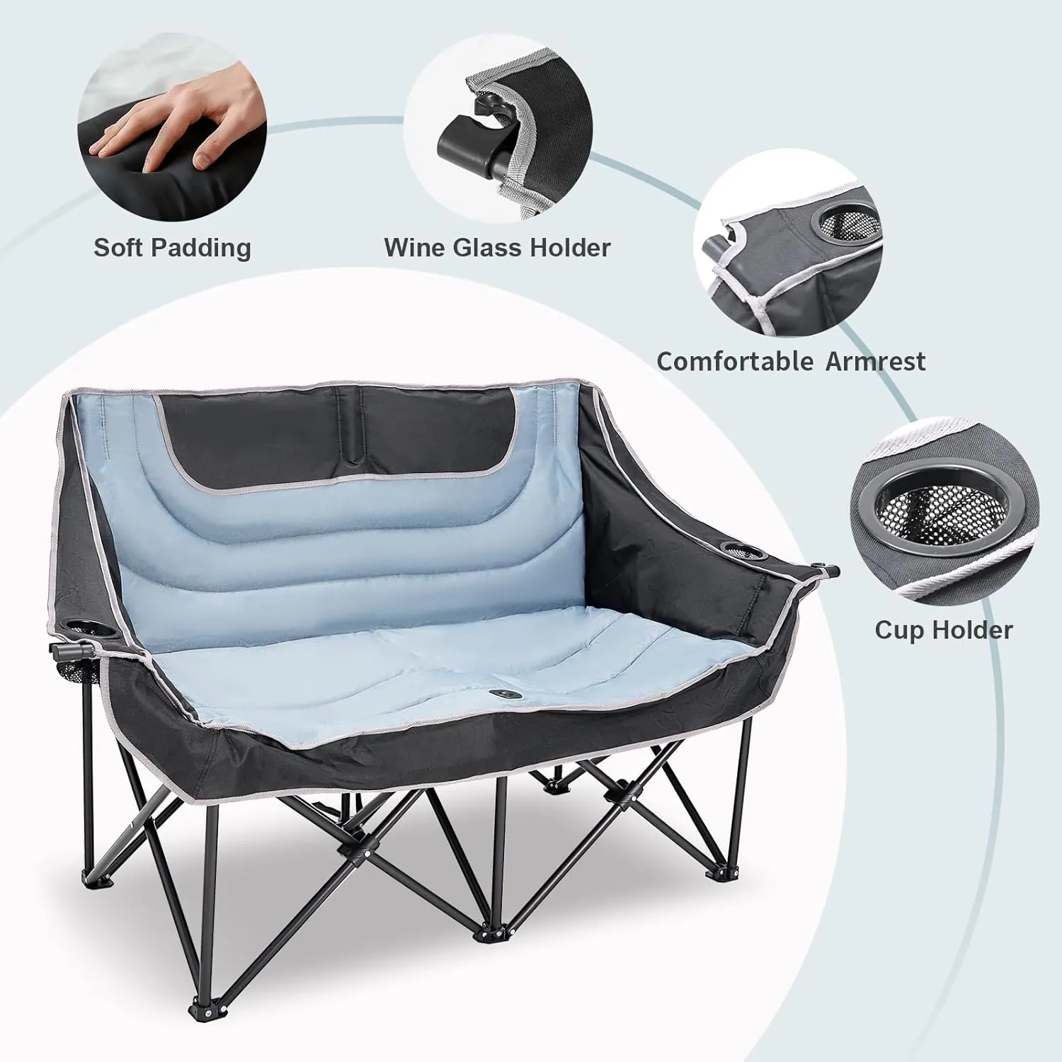 MOPHOTO Double Camping Chair, Folding Camping Loveseat Duo Chair for Adults, Oversized Double Folding Chair, Camping Bench Lawn Chairs Patio Lounge Chairs for Adults