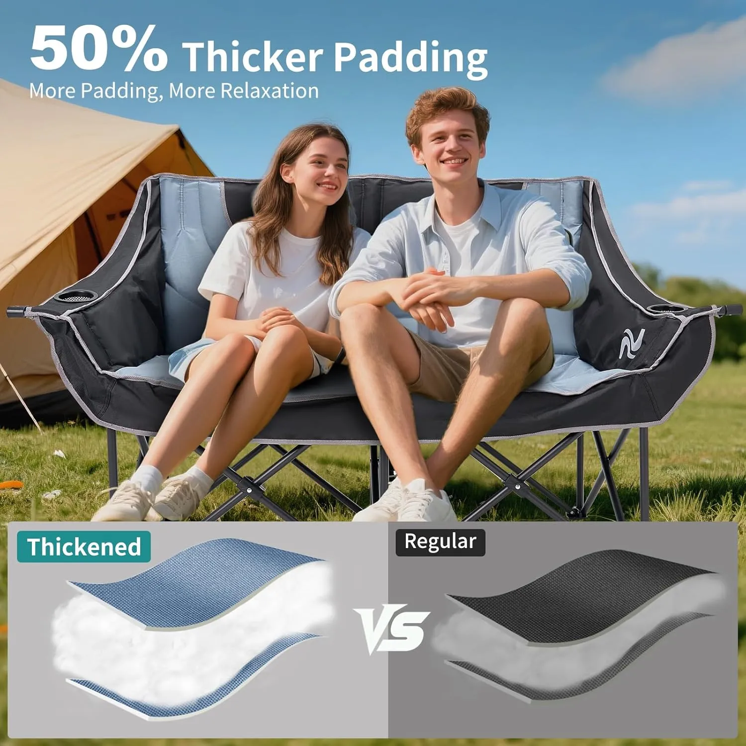 MOPHOTO Double Camping Chair, Folding Camping Loveseat Duo Chair for Adults, Oversized Double Folding Chair, Camping Bench Lawn Chairs Patio Lounge Chairs for Adults