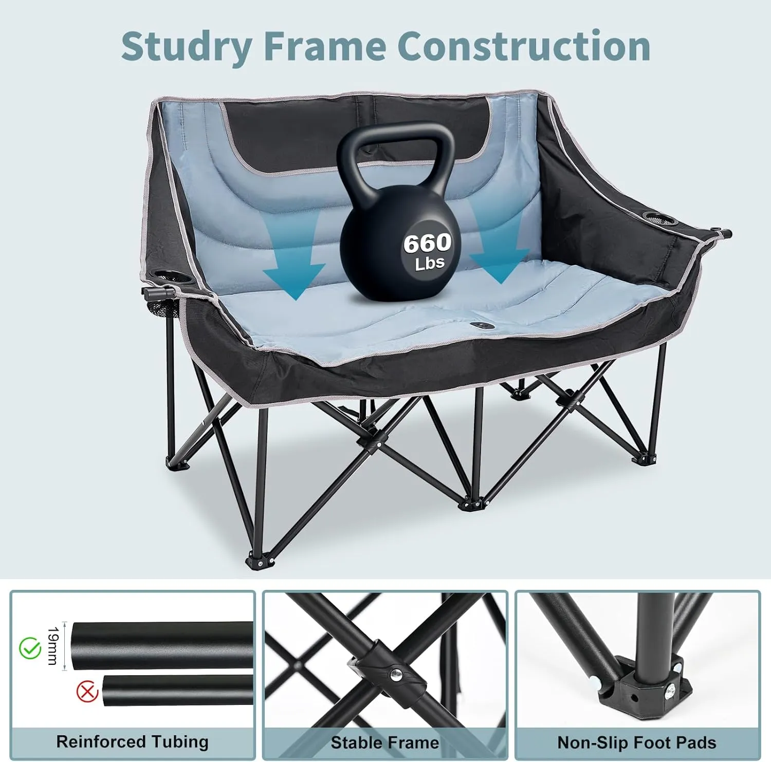 MOPHOTO Double Camping Chair, Folding Camping Loveseat Duo Chair for Adults, Oversized Double Folding Chair, Camping Bench Lawn Chairs Patio Lounge Chairs for Adults