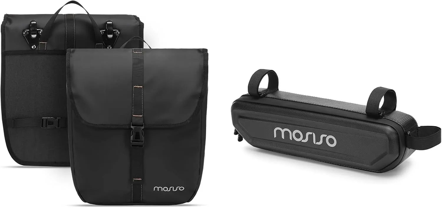 MOSISO Bike Frame Bag, Waterproof Hard Shell EVA Bike Triangle Frame Bag&20L Bike Panniers, 2 Pack Waterproof Panniers Bike Bag, Large Capacity Flap Bike Rear Rack Bag Bicycle Luggage Trunk Bag, Black