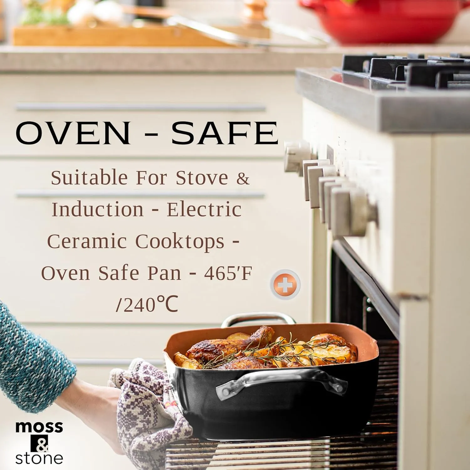 Moss & Stone Copper 5 Piece Set Chef Cookware, 9.5” Non Stick Pan, Deep Square Pan, Fry Basket, Steamer Tray, Dishwasher & Oven Safe, 5 Quart Copper Pot Set, Black Induction Cookware Set