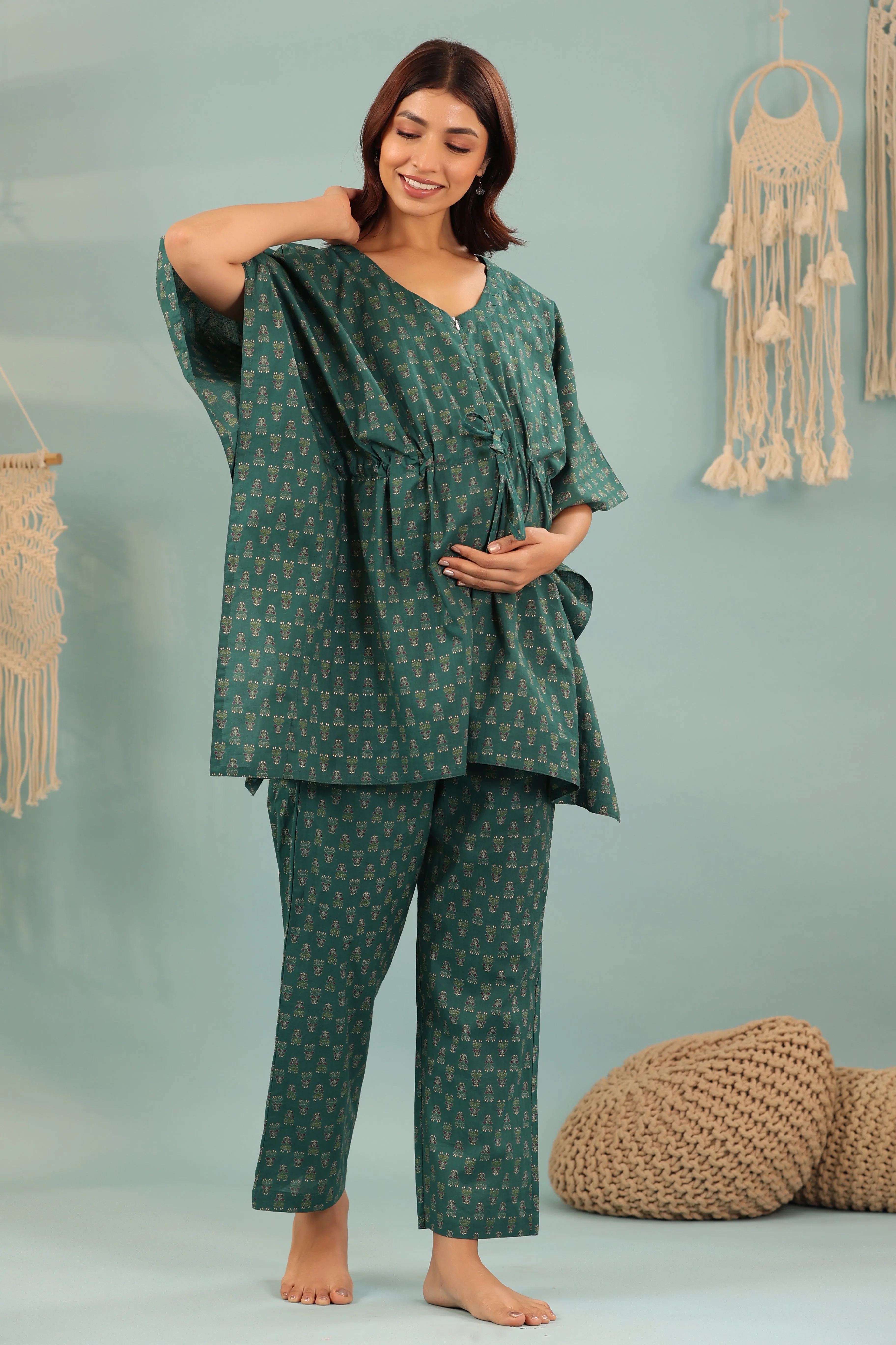 Motifs Maternity & Set Premium-grade While supplies last Kaftan Nursing Green Ethnic On