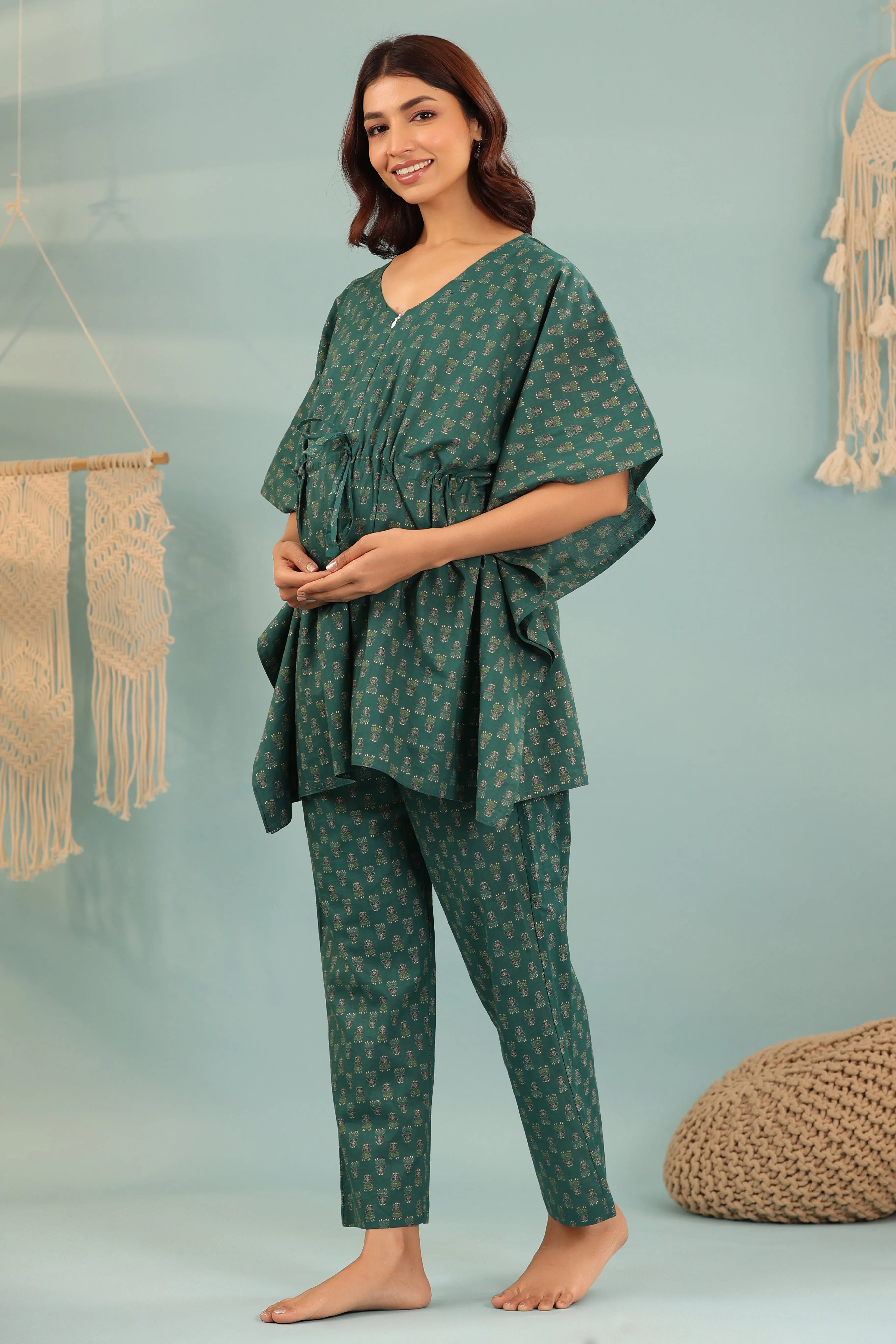 Motifs Maternity & Set Premium-grade While supplies last Kaftan Nursing Green Ethnic On