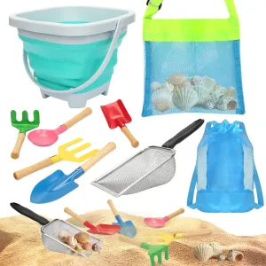 Mototo 9 PCS Beach Sand Sifter Toys Set Shark Tooth Sifter Beach Mesh Shovel with Shell Bags Collapsible Beach Bucket for Shells Collecting Shark Tooth Game Toys
