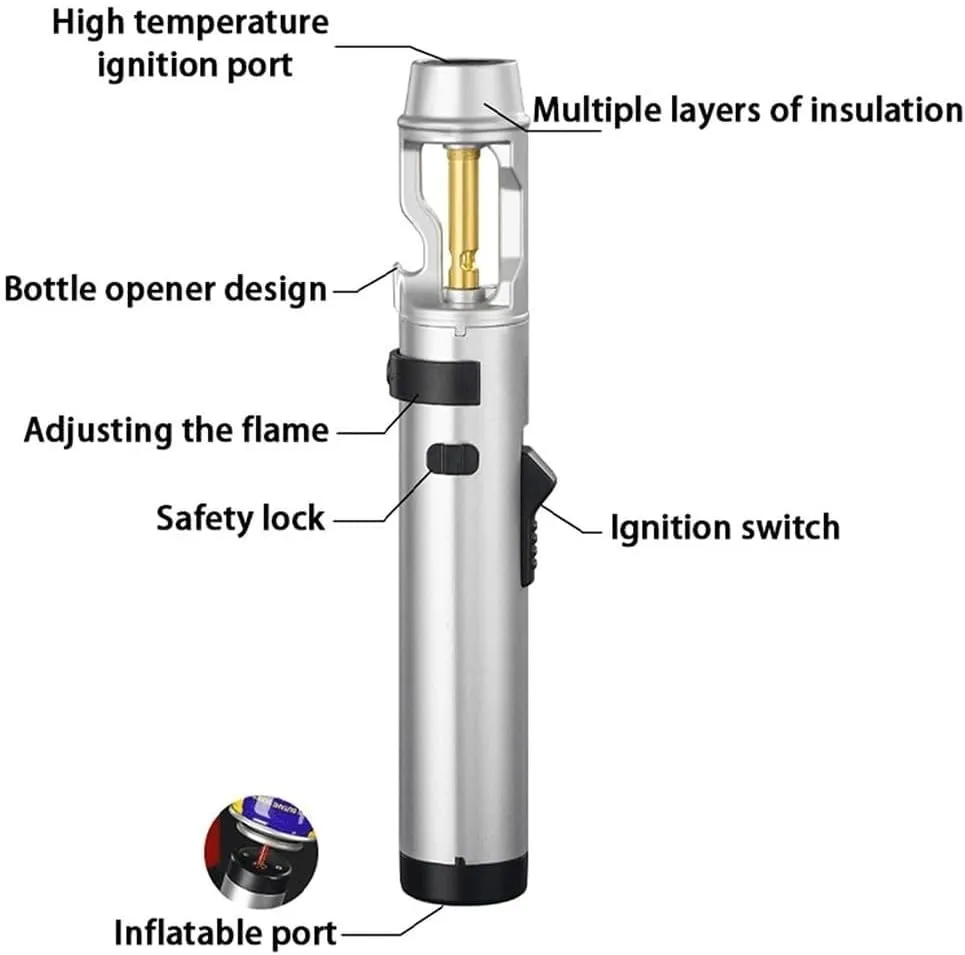 Multifunctional Butane Blowtorch Lighter, Windproof Jet Flame, with Bottle Opener Design, Refillable, Suitable for Outdoor, Kitchen (Black)(White)