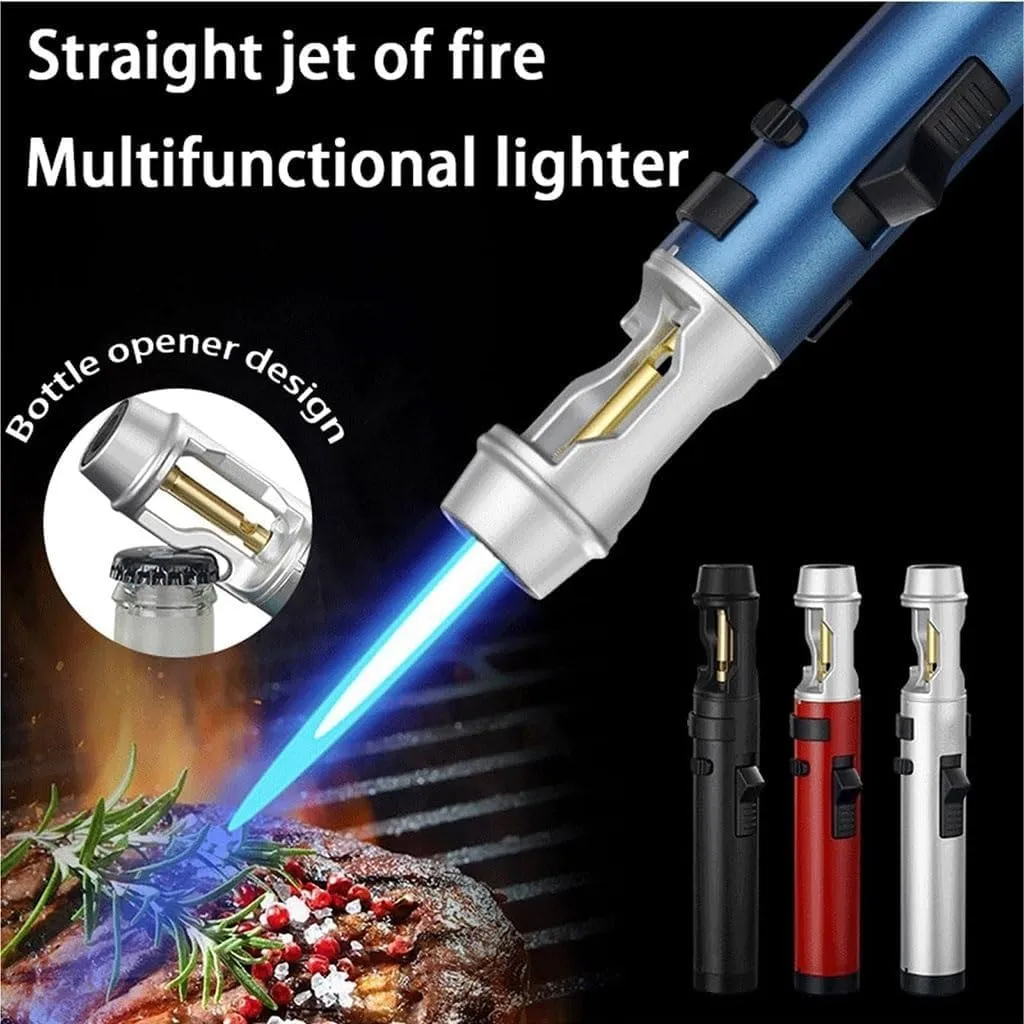 Multifunctional Butane Blowtorch Lighter, Windproof Jet Flame, with Bottle Opener Design, Refillable, Suitable for Outdoor, Kitchen (Black)(White)