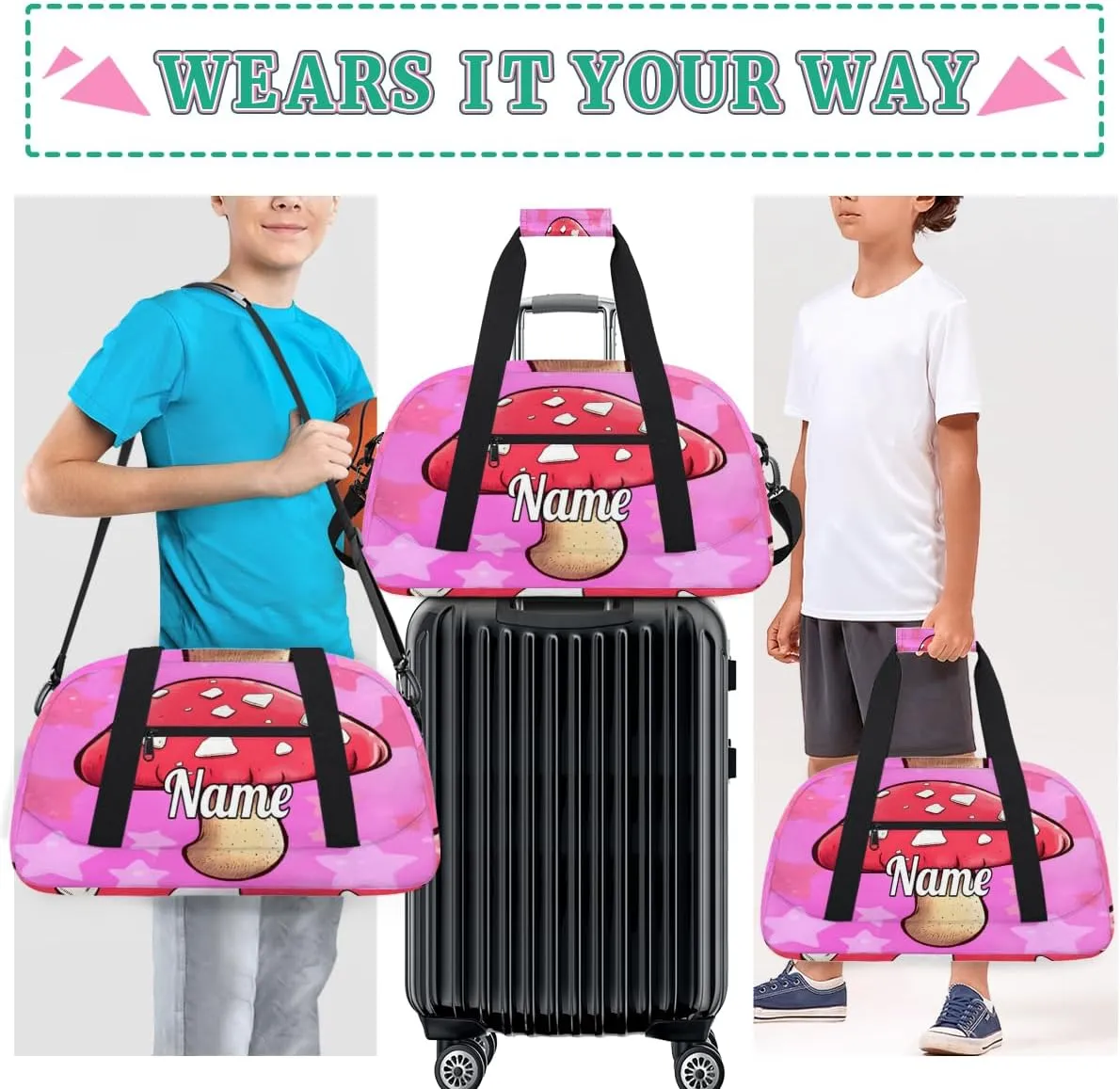 Mushroom Custom Name Sport Duffel Bag Dance Bag for Girls Teens Personalized Ballet Bag Gift for Birthday Christmas Helloween
