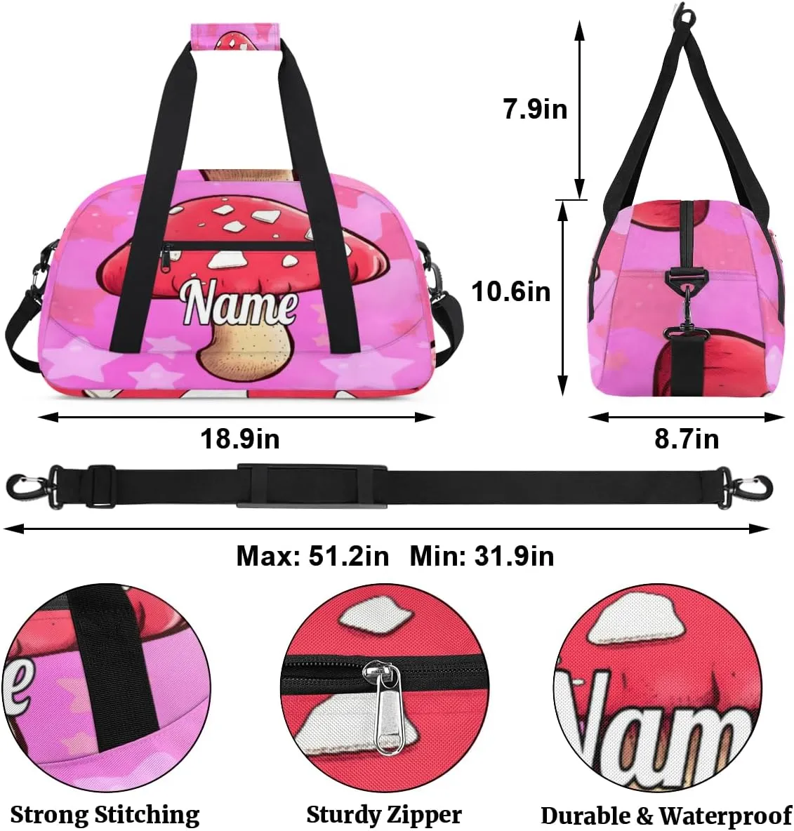 Mushroom Custom Name Sport Duffel Bag Dance Bag for Girls Teens Personalized Ballet Bag Gift for Birthday Christmas Helloween