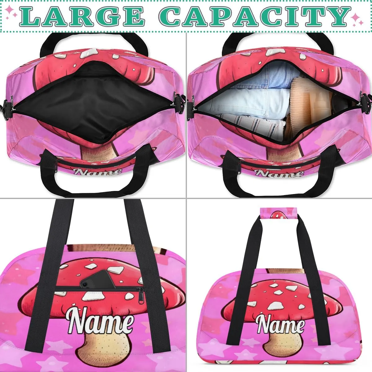 Mushroom Custom Name Sport Duffel Bag Dance Bag for Girls Teens Personalized Ballet Bag Gift for Birthday Christmas Helloween