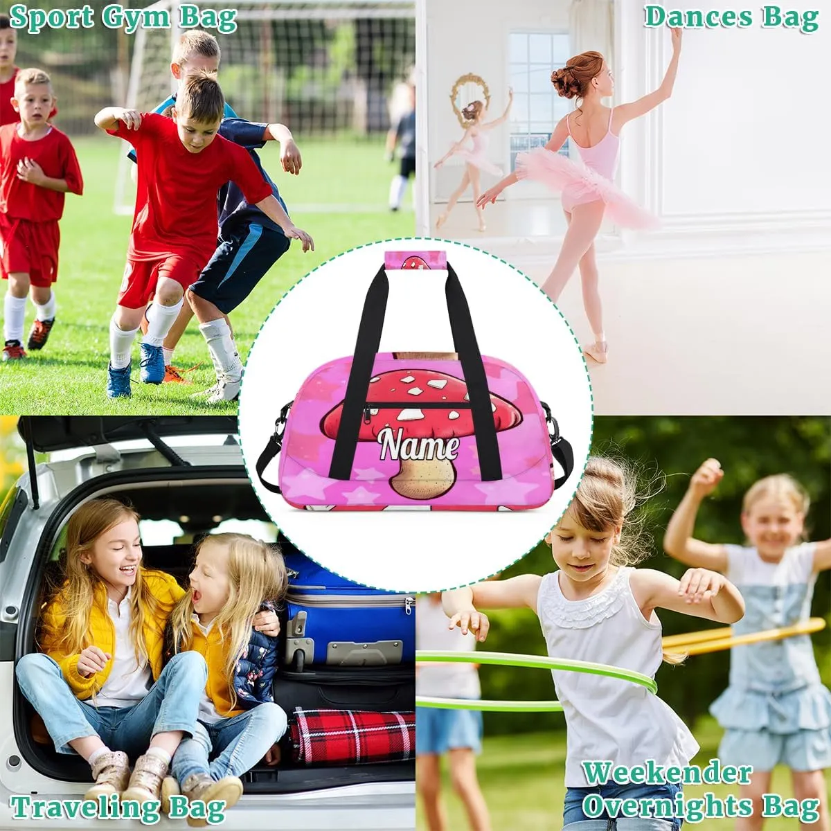 Mushroom Custom Name Sport Duffel Bag Dance Bag for Girls Teens Personalized Ballet Bag Gift for Birthday Christmas Helloween