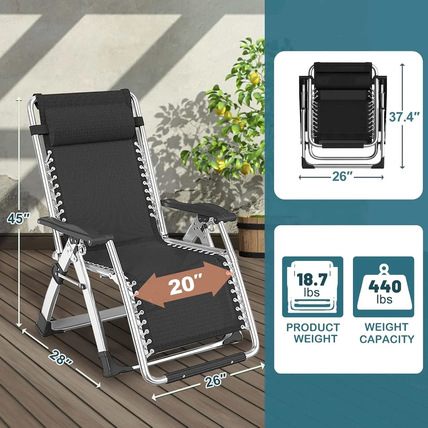 NAIZEA Lounge Chair Padded Zero Gravity Chair Folding Adjustable Reclining Patio Chairs with Cup Holder, Ergonomic Patio Recliner Chairs for Kids and Adult for Indoor and Outdoor