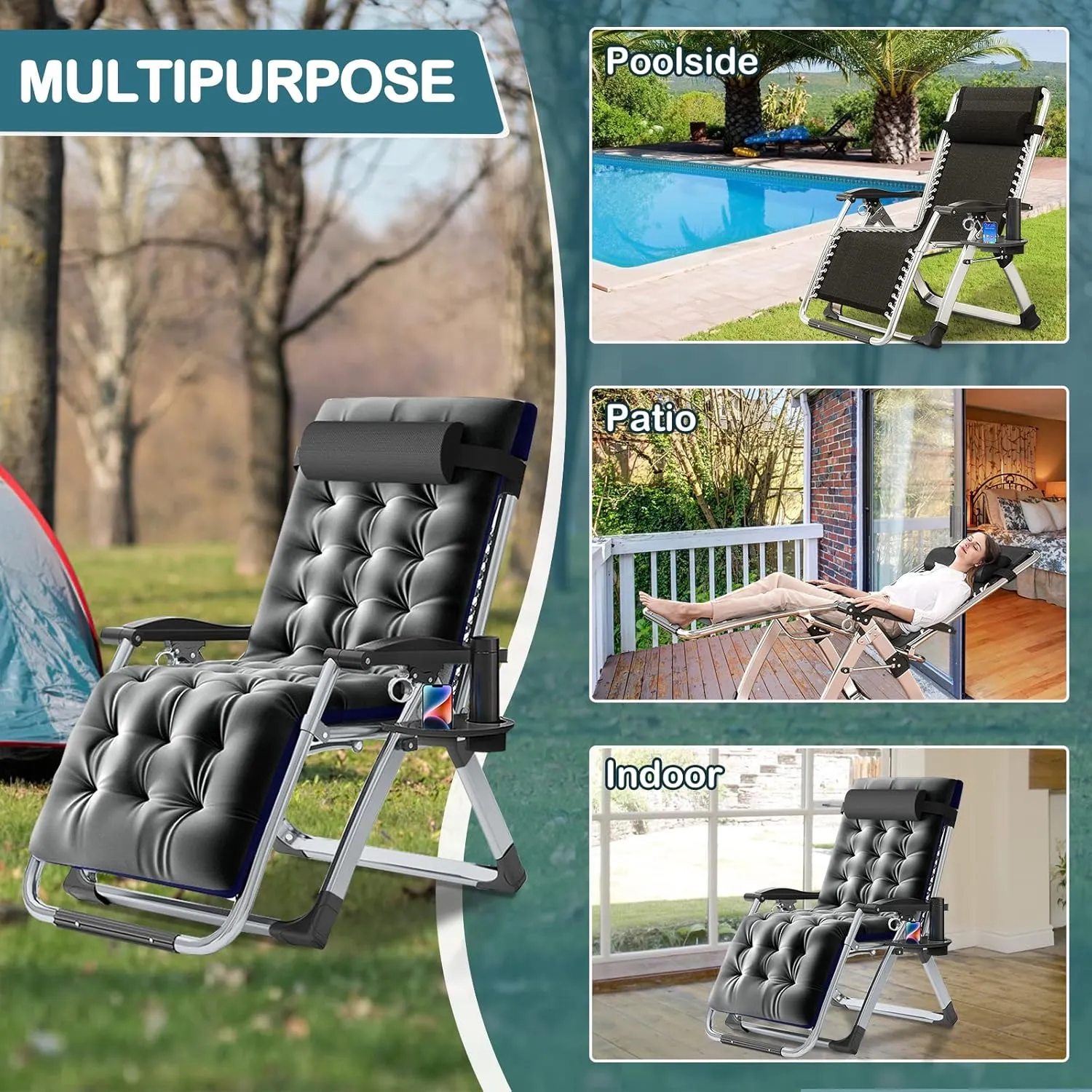 NAIZEA Lounge Chair Padded Zero Gravity Chair Folding Adjustable Reclining Patio Chairs with Cup Holder, Ergonomic Patio Recliner Chairs for Kids and Adult for Indoor and Outdoor