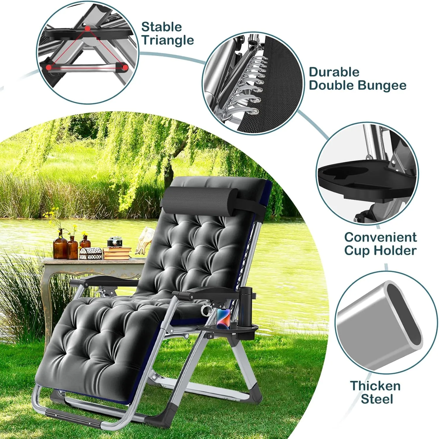 NAIZEA Lounge Chair Padded Zero Gravity Chair Folding Adjustable Reclining Patio Chairs with Cup Holder, Ergonomic Patio Recliner Chairs for Kids and Adult for Indoor and Outdoor