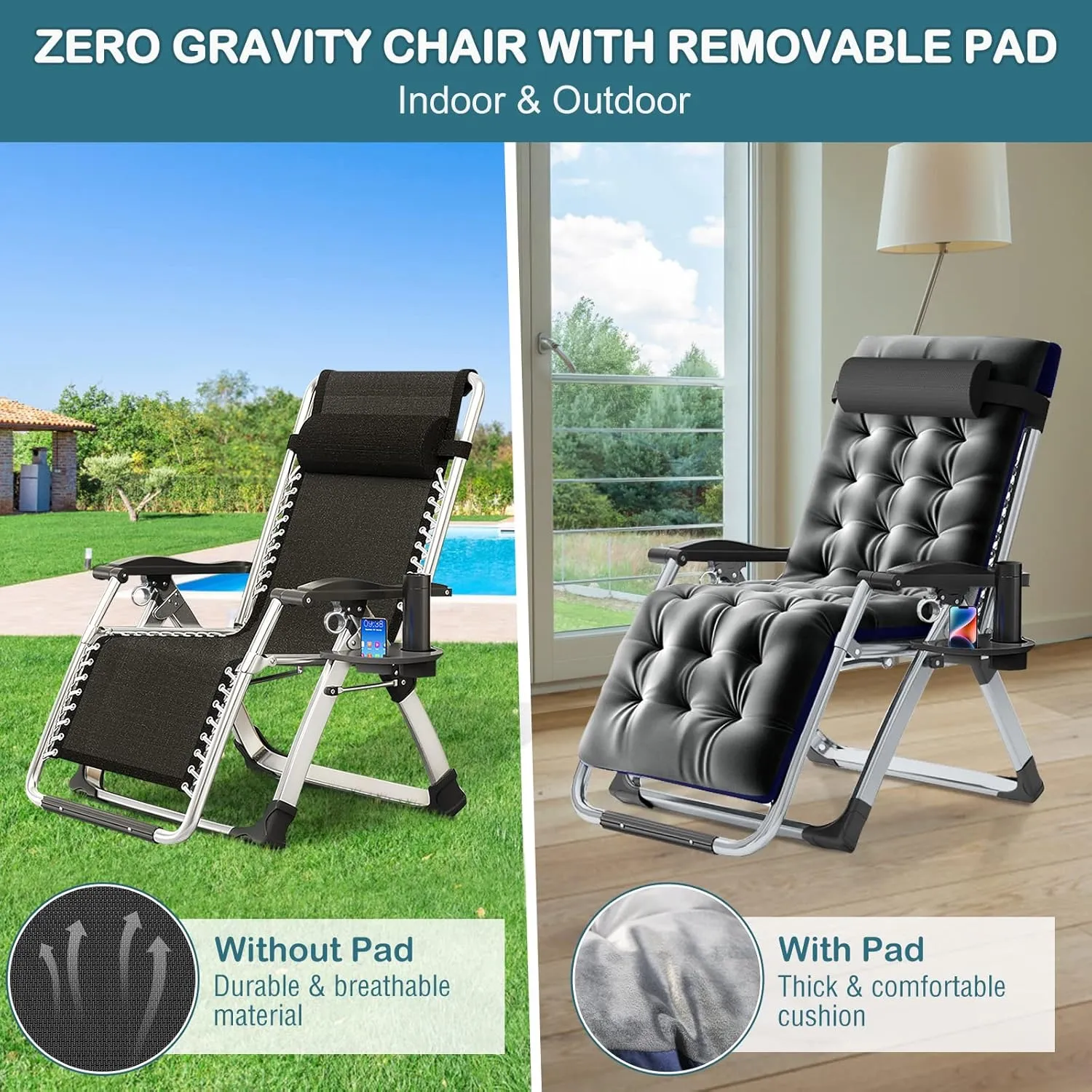 NAIZEA Lounge Chair Padded Zero Gravity Chair Folding Adjustable Reclining Patio Chairs with Cup Holder, Ergonomic Patio Recliner Chairs for Kids and Adult for Indoor and Outdoor