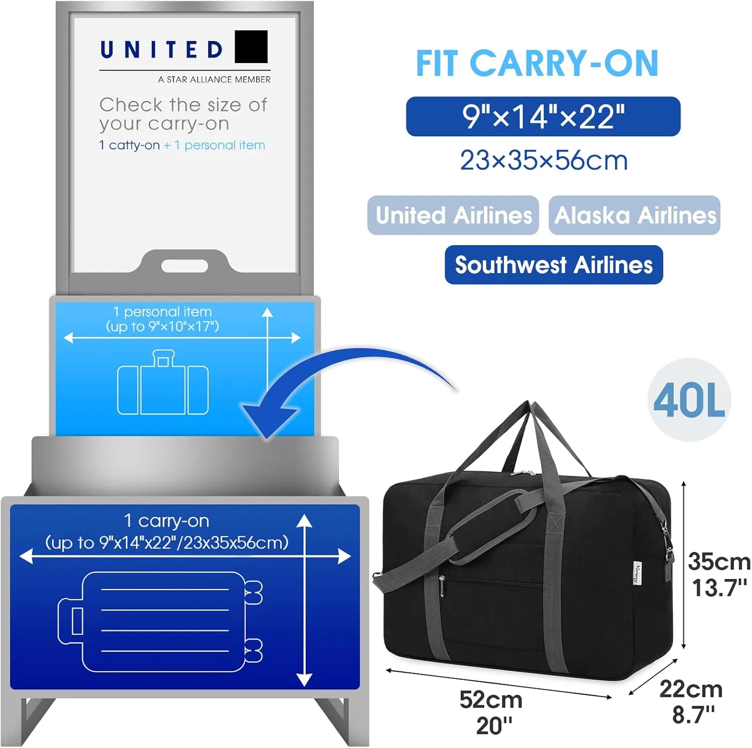 Narwey Carry on Luggage 22x14x9 Airline Approved Foldable Duffle Bag for Travel Packable Duffel Bag for Traveling Airplane for Women and Men 40L (Black (With Shoulder Strap))