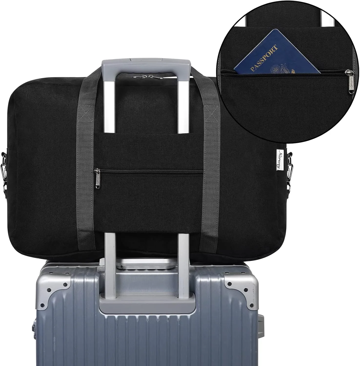 Narwey Carry on Luggage 22x14x9 Airline Approved Foldable Duffle Bag for Travel Packable Duffel Bag for Traveling Airplane for Women and Men 40L (Black (With Shoulder Strap))