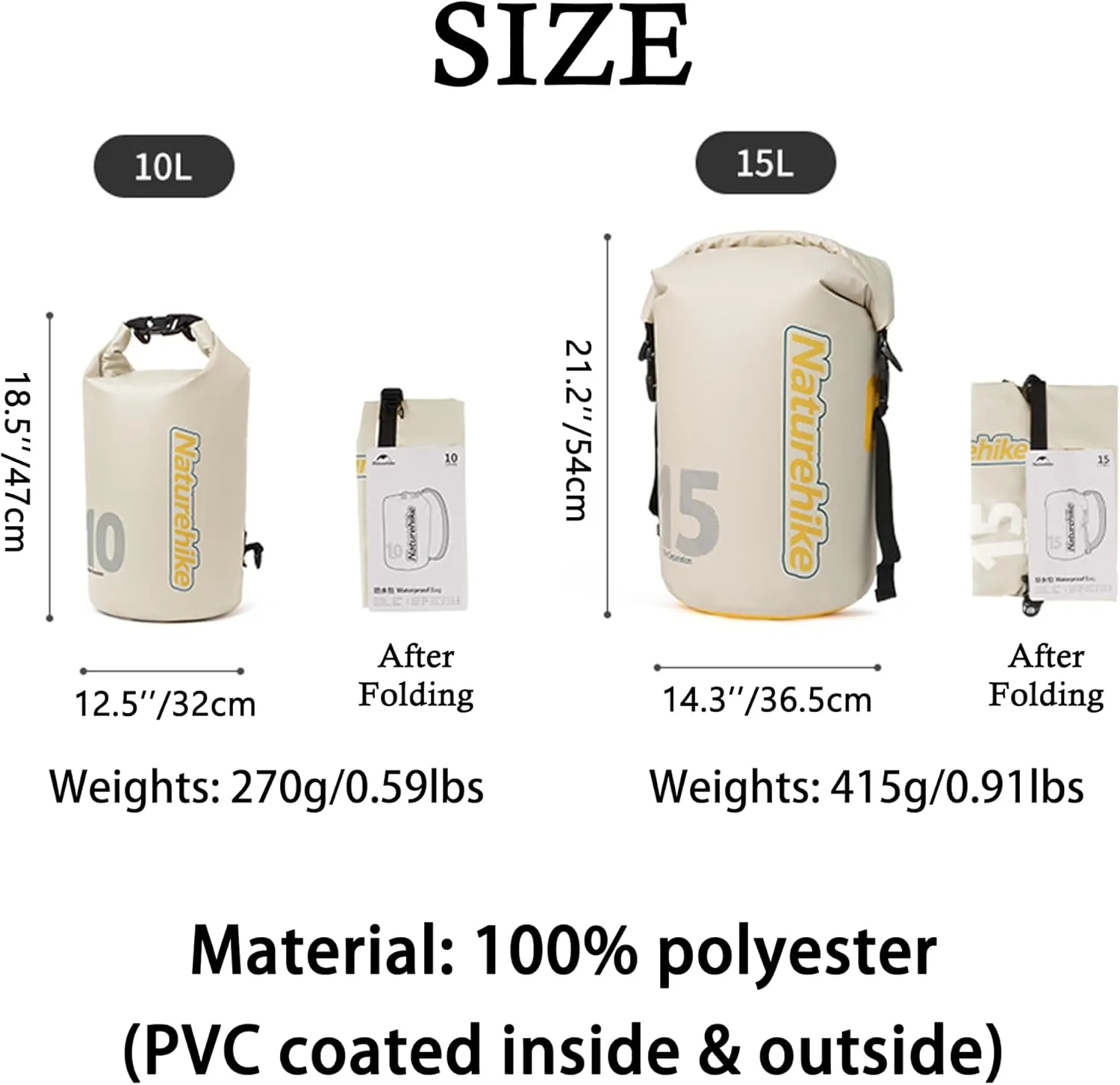Naturehike PVC Floating Waterproof Dry Backpack, 10L/15L Waterproof Pouch with Wider Shoulder Straps, Roll Top Waterproof Backpack Sack for Travel, Swimming, Boating, Kayaking, Camping (White, 10L)