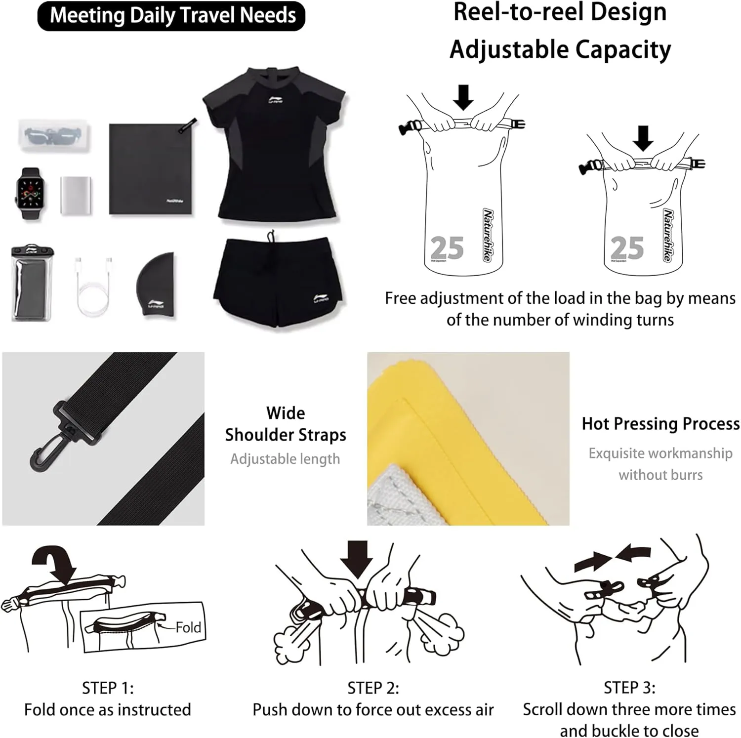 Naturehike PVC Floating Waterproof Dry Backpack, 10L/15L Waterproof Pouch with Wider Shoulder Straps, Roll Top Waterproof Backpack Sack for Travel, Swimming, Boating, Kayaking, Camping (White, 10L)