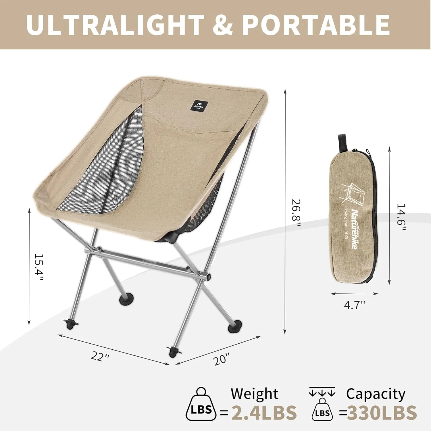 Naturehike YL05 Camping Chair, Ultralight Portable Camp Chair with Storage Bag, Compact Folding Beach Chair for Backpacking Hiking Fishing Picnic