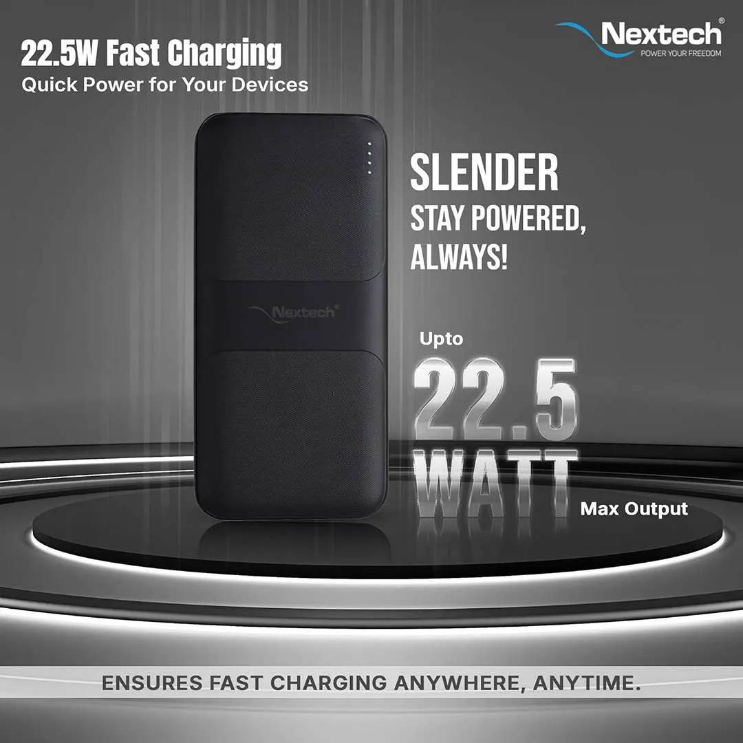 Nextech Slender PDQC 22.5W | 10000mAh | Made in India | Fast Charging Powerbank - Charcoal Black