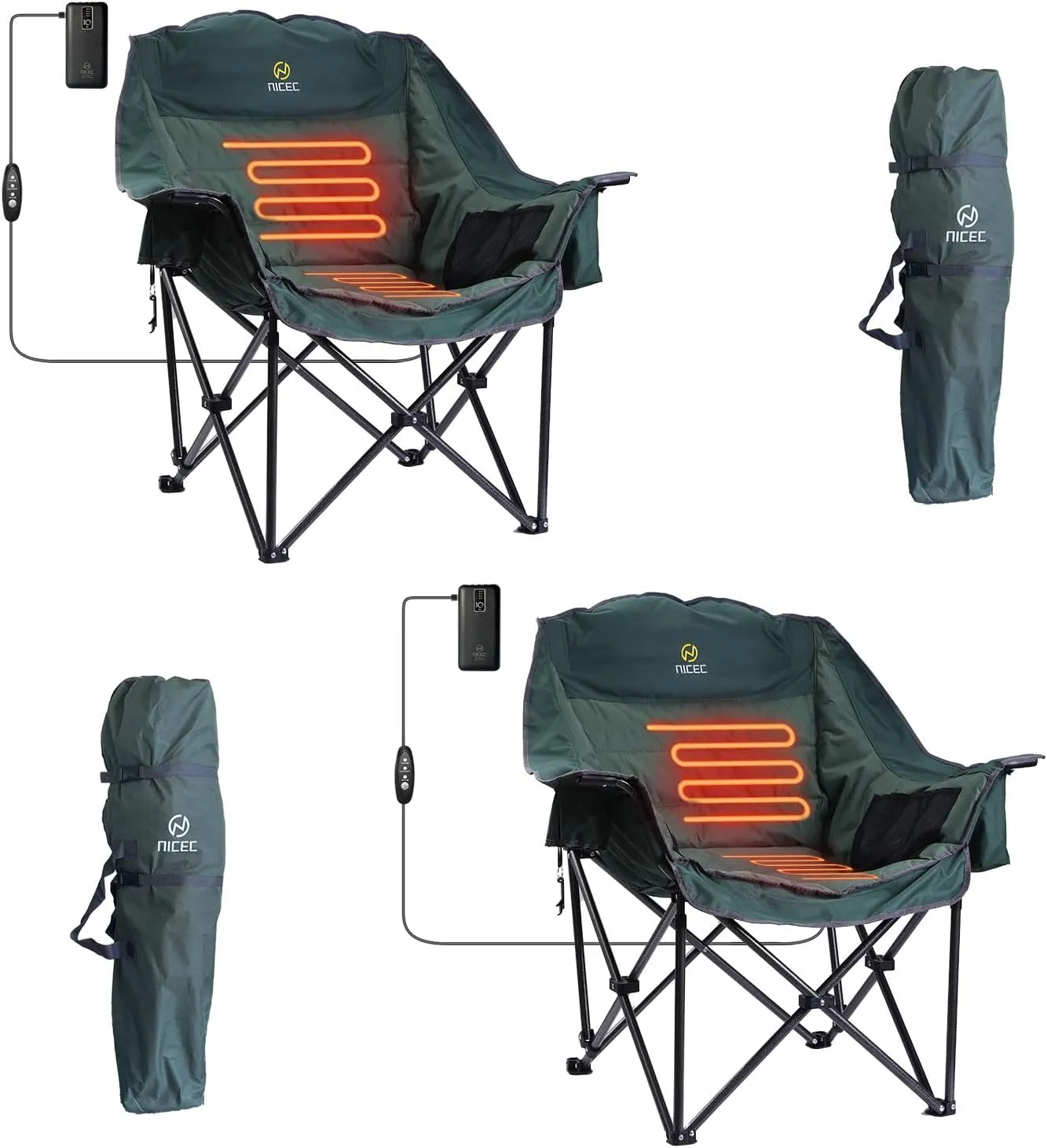 Nice C Heated Camping Chairs, Outdoor Heated Chair, Oversized XL Padded Camping Chair, Outdoor Chair, Camp Chairs, Wide&Thick, Heavy Duty 400lb, Carry Bag, Cupholder & Cooler (Two Green)