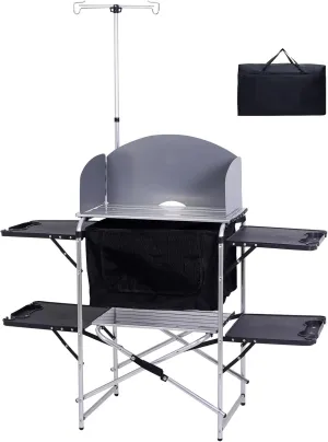 Nice C Lawn Chairs with Armrest, Cooler Bag, Cup Holder, Side Pocket Camping Kitchen Station, Picnic Grill Folding Table