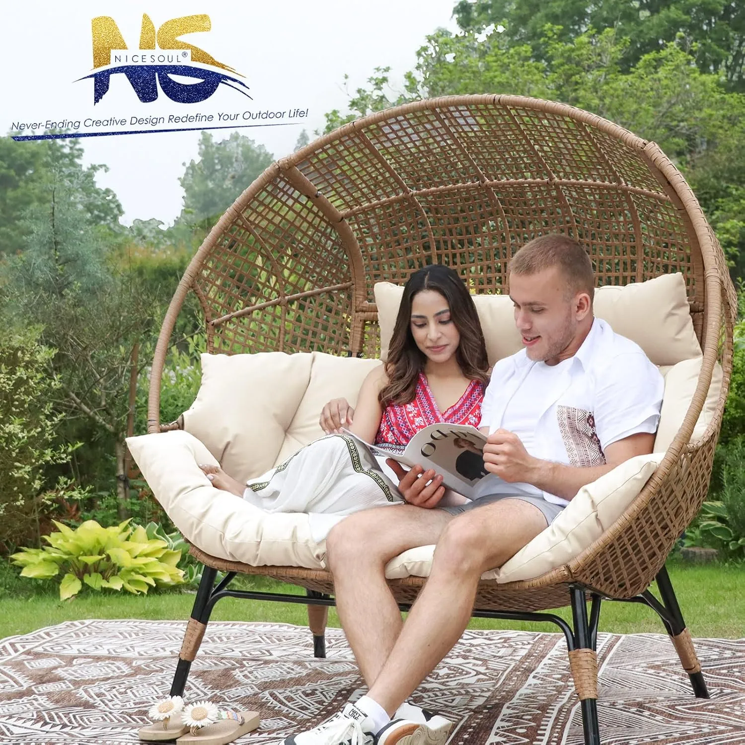 NICESOUL® Double Egg Chair Indoor Outdoor Stationary Oversized Thicken Padded Cushions,2 Person Egg Loveseat Chair,680 lbs Extra Large Lounge Chair for Patio Balcony Porch Backyard Beige, Xmas Gift