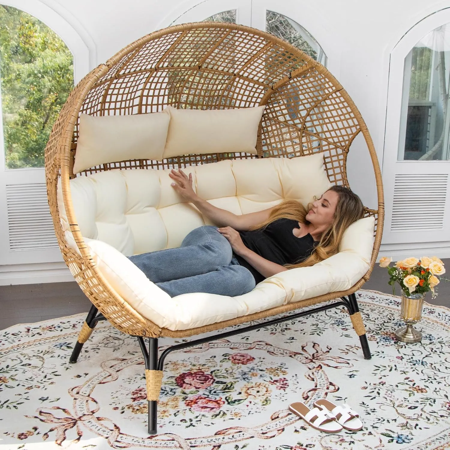 NICESOUL® Double Egg Chair Indoor Outdoor Stationary Oversized Thicken Padded Cushions,2 Person Egg Loveseat Chair,680 lbs Extra Large Lounge Chair for Patio Balcony Porch Backyard Beige, Xmas Gift