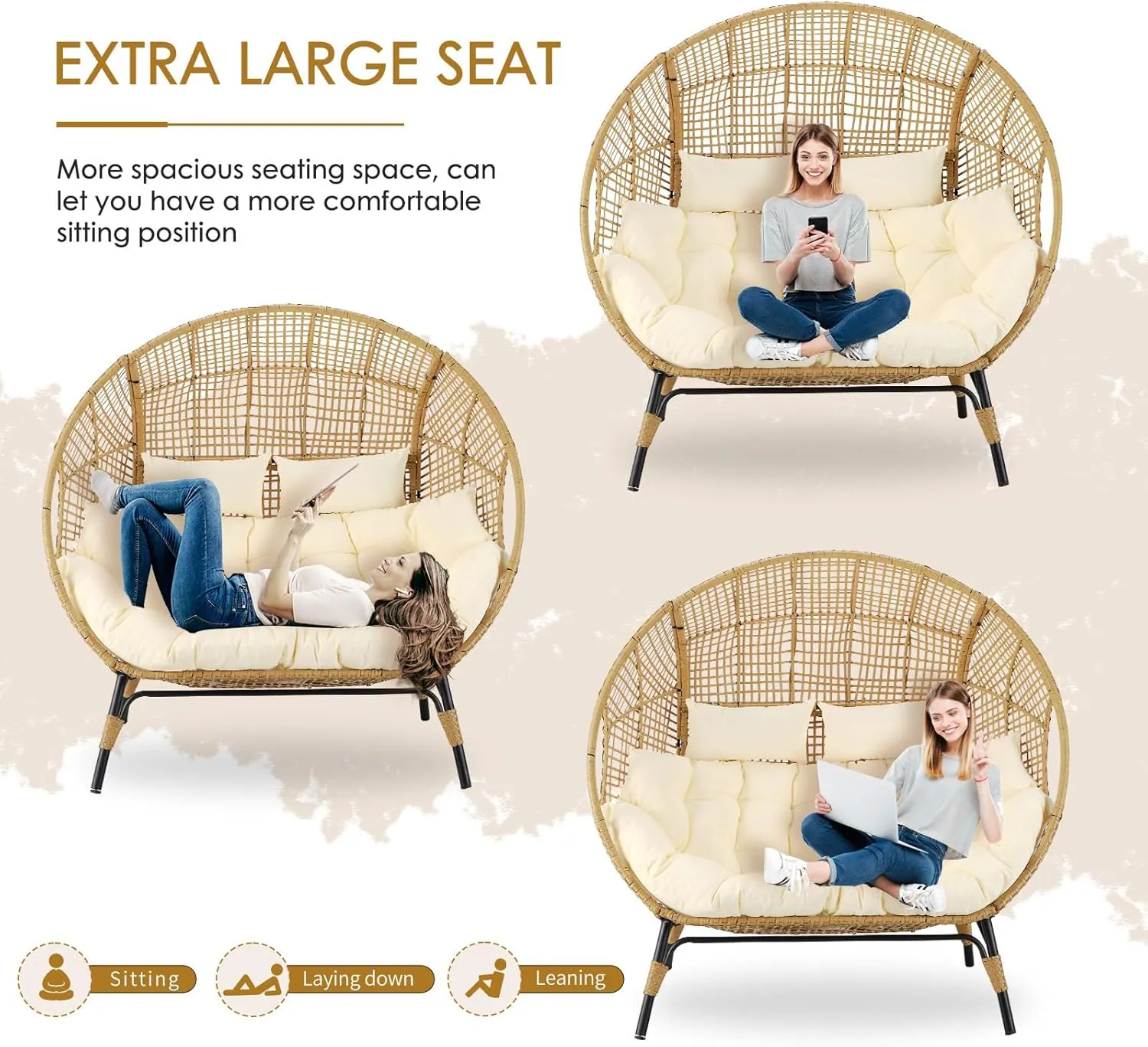 NICESOUL® Double Egg Chair Indoor Outdoor Stationary Oversized Thicken Padded Cushions,2 Person Egg Loveseat Chair,680 lbs Extra Large Lounge Chair for Patio Balcony Porch Backyard Beige, Xmas Gift