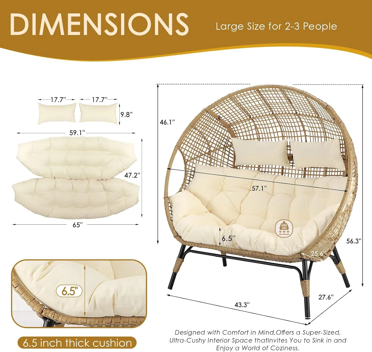 NICESOUL® Double Egg Chair Indoor Outdoor Stationary Oversized Thicken Padded Cushions,2 Person Egg Loveseat Chair,680 lbs Extra Large Lounge Chair for Patio Balcony Porch Backyard Beige, Xmas Gift