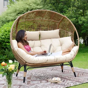 NICESOUL® Double Egg Chair Indoor Outdoor Stationary Oversized Thicken Padded Cushions,2 Person Egg Loveseat Chair,680 lbs Extra Large Lounge Chair for Patio Balcony Porch Backyard Beige, Xmas Gift