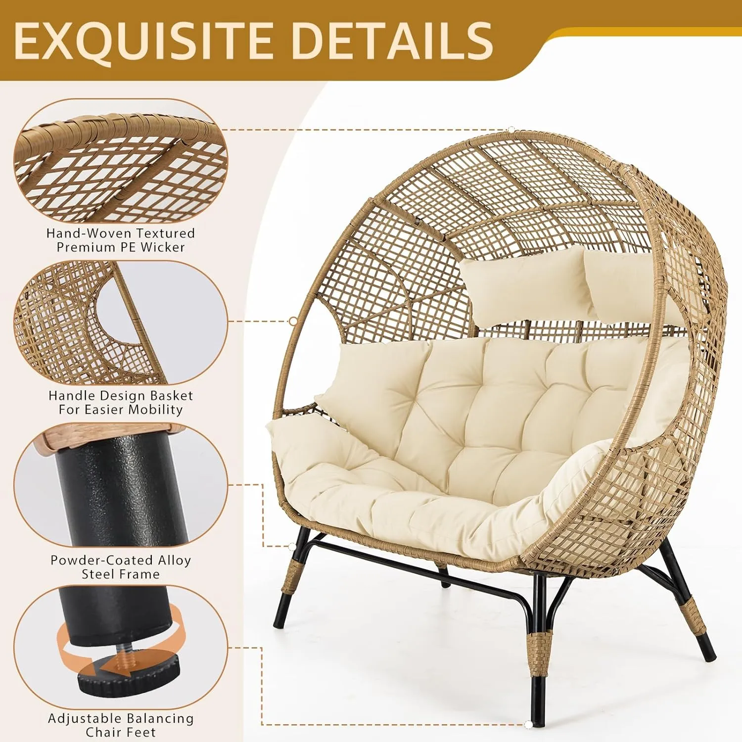 NICESOUL® Double Egg Chair Indoor Outdoor Stationary Oversized Thicken Padded Cushions,2 Person Egg Loveseat Chair,680 lbs Extra Large Lounge Chair for Patio Balcony Porch Backyard Beige, Xmas Gift