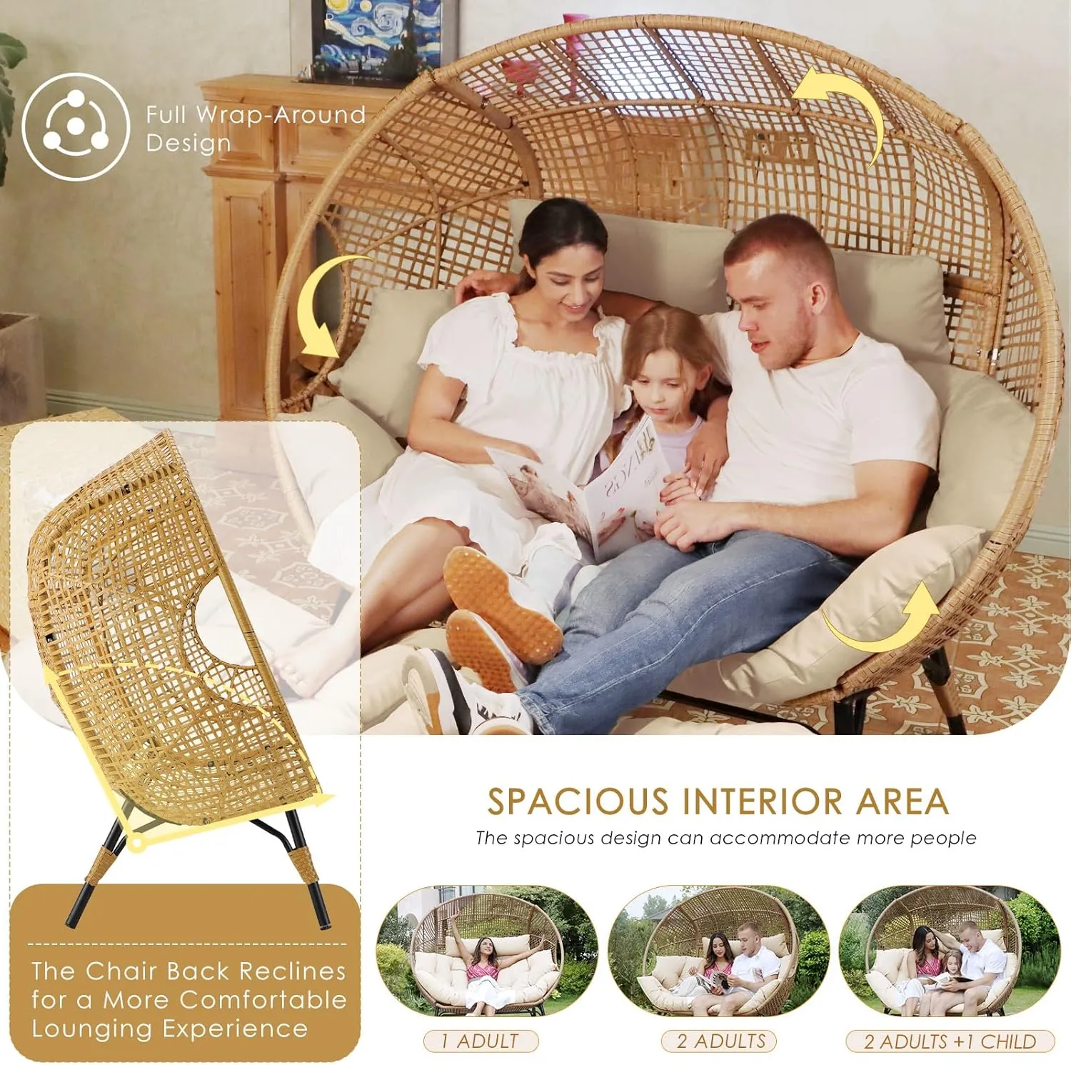 NICESOUL® Double Egg Chair Indoor Outdoor Stationary Oversized Thicken Padded Cushions,2 Person Egg Loveseat Chair,680 lbs Extra Large Lounge Chair for Patio Balcony Porch Backyard Beige, Xmas Gift