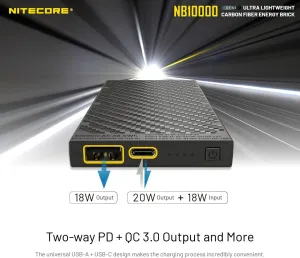 Nitecore NB10000 GEN II Quick Charge Dual-Output Type-C USB Power Bank with Eco-Sensa Type-C Charging Cable
