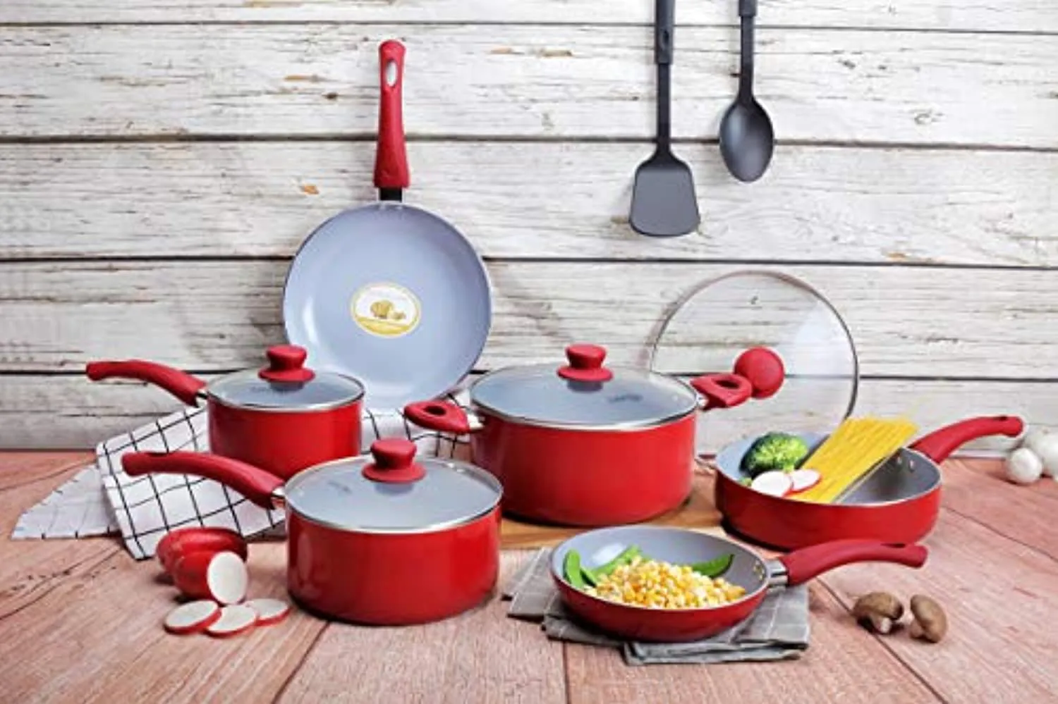Non-Stick Ceramic Kitchen Cookware Set Pots and Pan-12 Piece Red