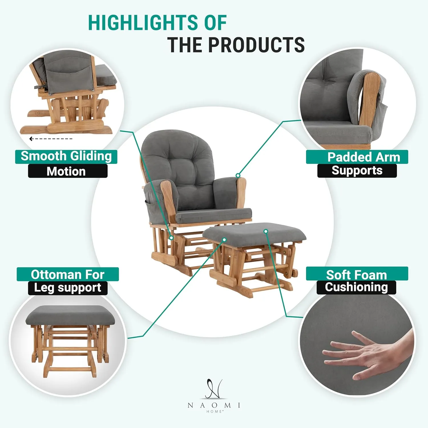 Nursery Glider & Ottoman Sets, Reclining Glider Rocker with Ottoman, Nursery Rocking Breastfeeding Maternity Chair for Baby Room, Recliner Glider with Ottoman, Padded Arms - Pecan, Dark Gray