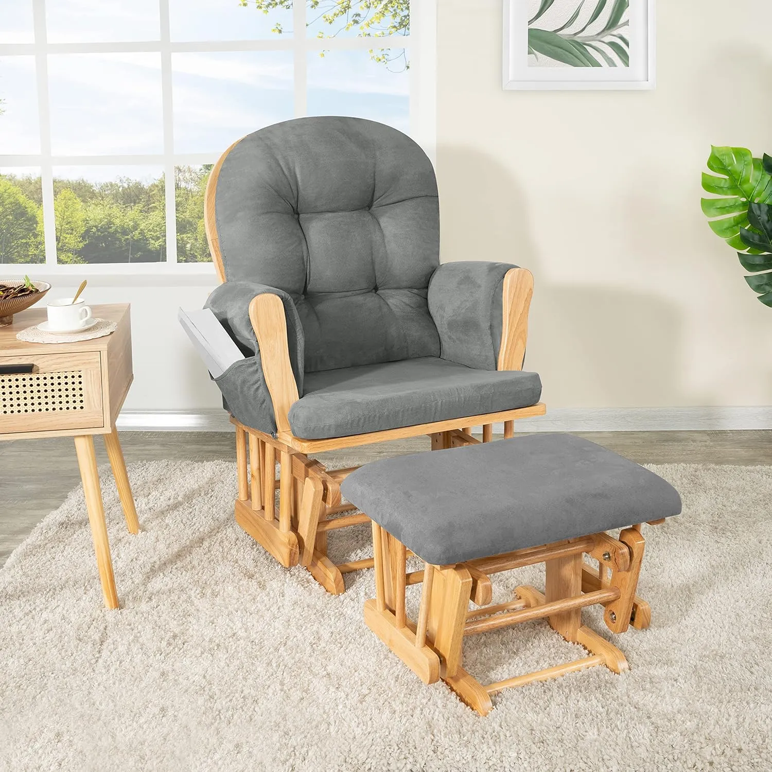 Nursery Glider & Ottoman Sets, Reclining Glider Rocker with Ottoman, Nursery Rocking Breastfeeding Maternity Chair for Baby Room, Recliner Glider with Ottoman, Padded Arms - Pecan, Dark Gray