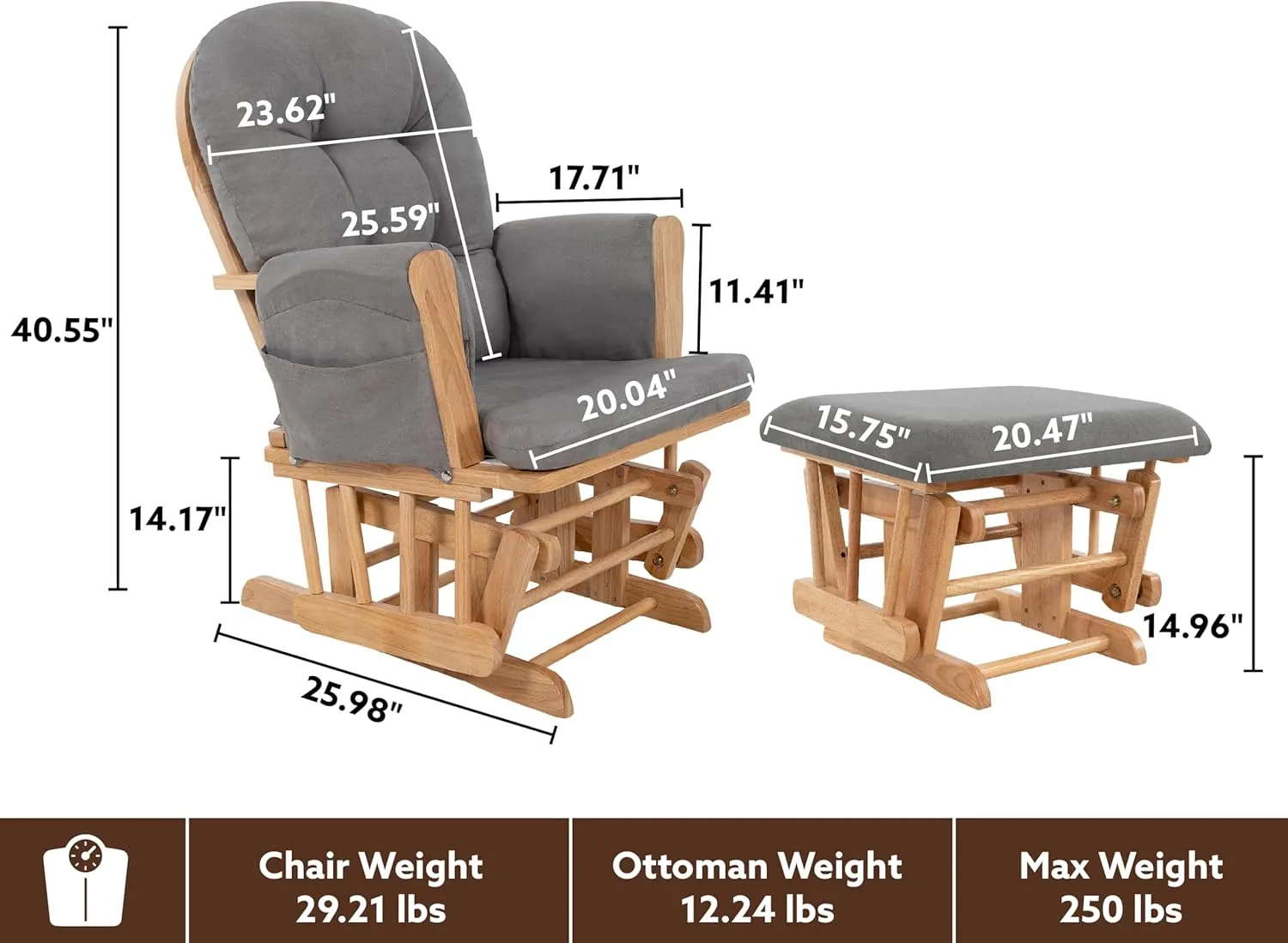 Nursery Glider & Ottoman Sets, Reclining Glider Rocker with Ottoman, Nursery Rocking Breastfeeding Maternity Chair for Baby Room, Recliner Glider with Ottoman, Padded Arms - Pecan, Dark Gray
