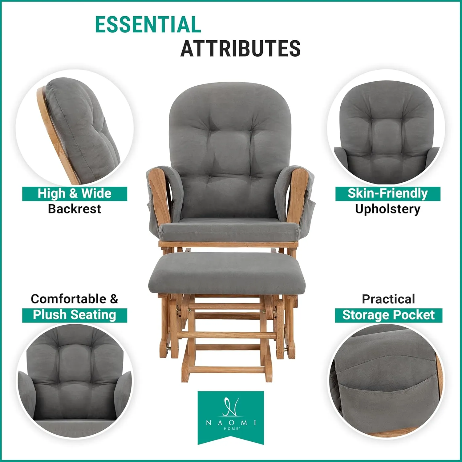 Nursery Glider & Ottoman Sets, Reclining Glider Rocker with Ottoman, Nursery Rocking Breastfeeding Maternity Chair for Baby Room, Recliner Glider with Ottoman, Padded Arms - Pecan, Dark Gray